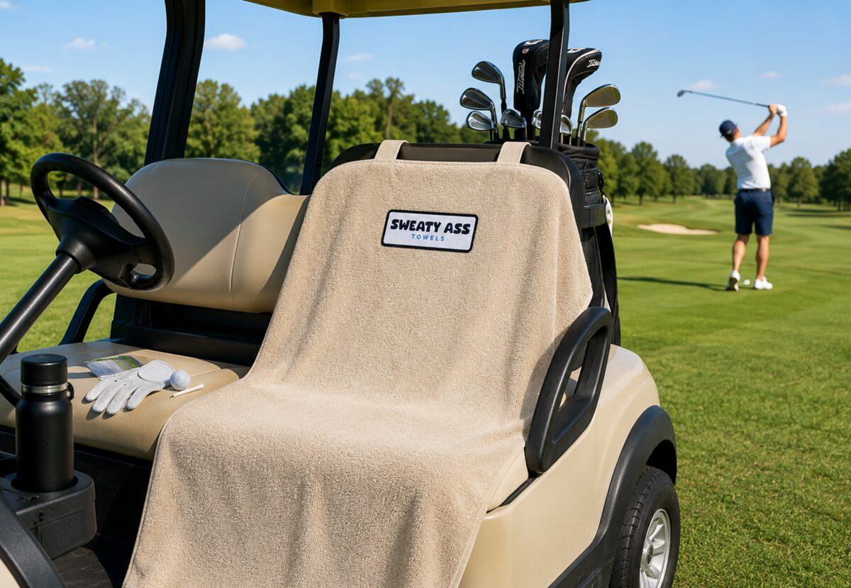 Sweaty Ass Towel draped over a golf cart seat