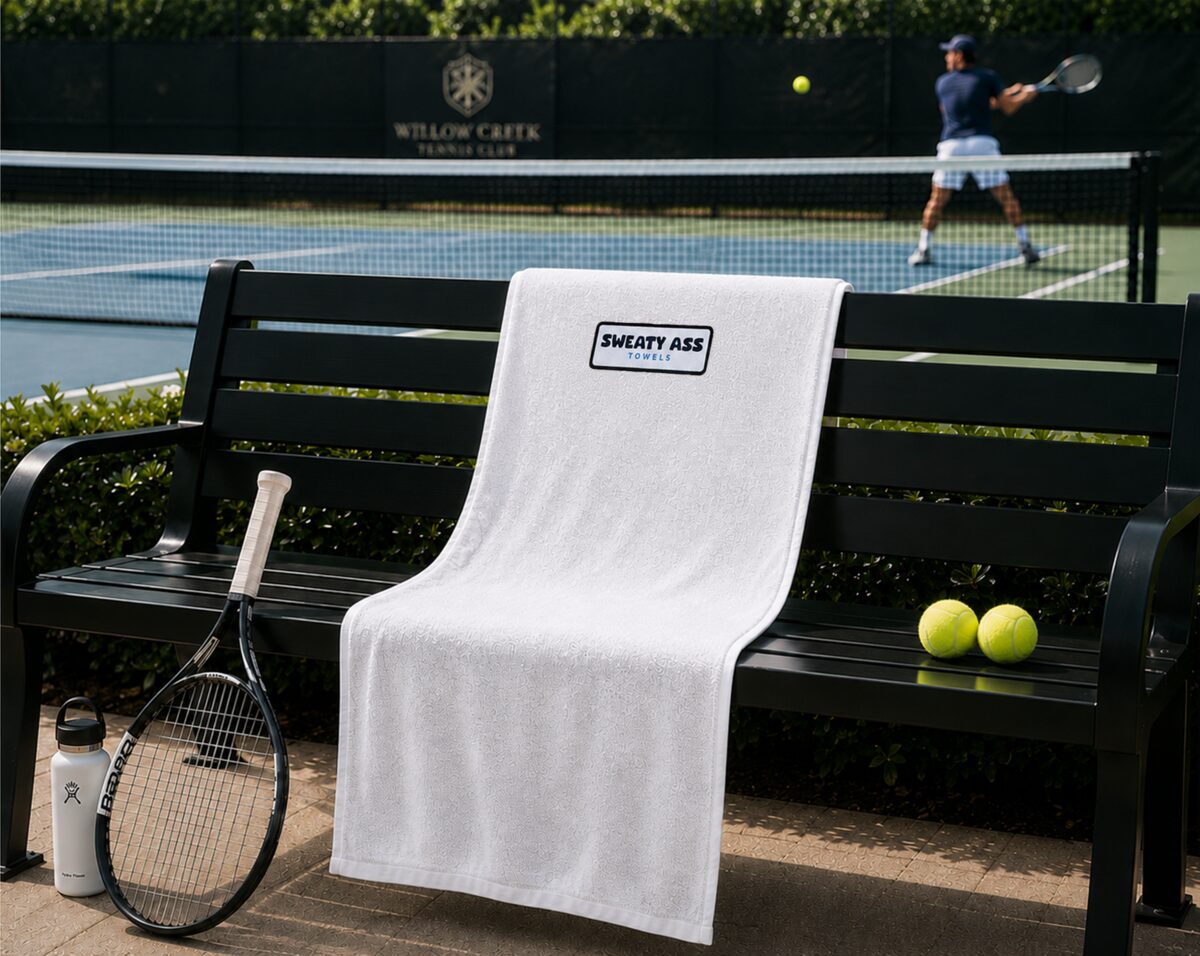 Sweaty Ass Towel courtside at a tennis match