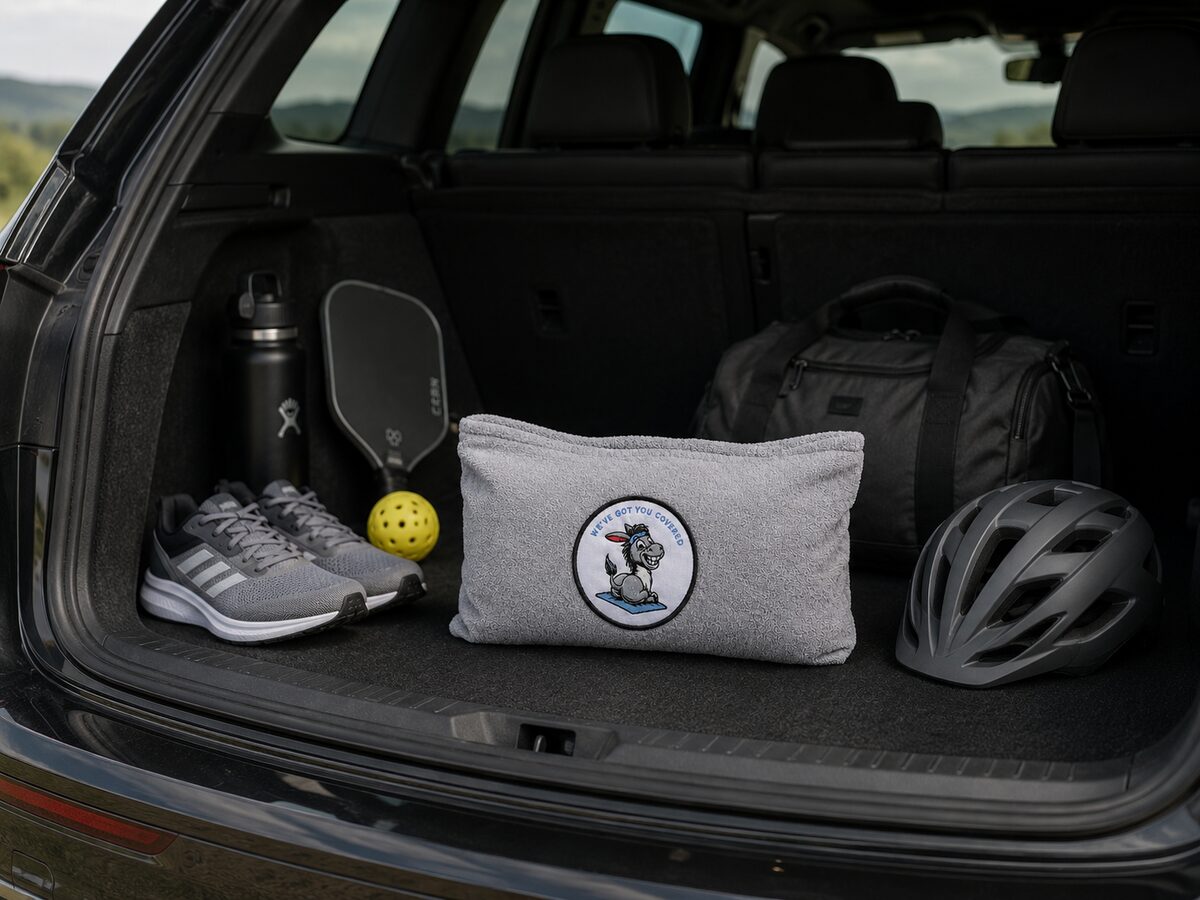 Sweaty Ass Towel packed in the trunk with gear